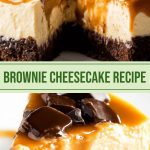 Cheesecake with a dense brownie base, a layer of creamy cheesecake and a shiny caramel glaze on top, cut into squares laid out on a marble surface.