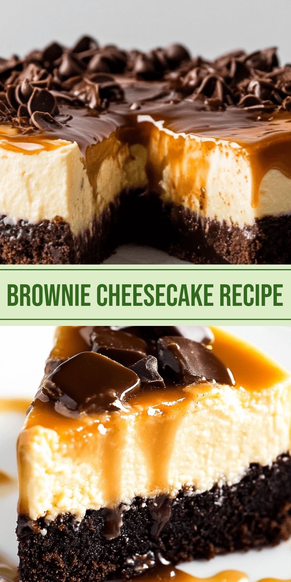 Cheesecake with a dense brownie base, a layer of creamy cheesecake and a shiny caramel glaze on top, cut into squares laid out on a marble surface.