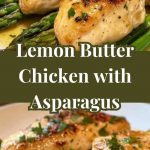 Lemon chicken breast, placed next to asparagus on a white plate, garnished with fresh herbs and lemon wedges, top view.
