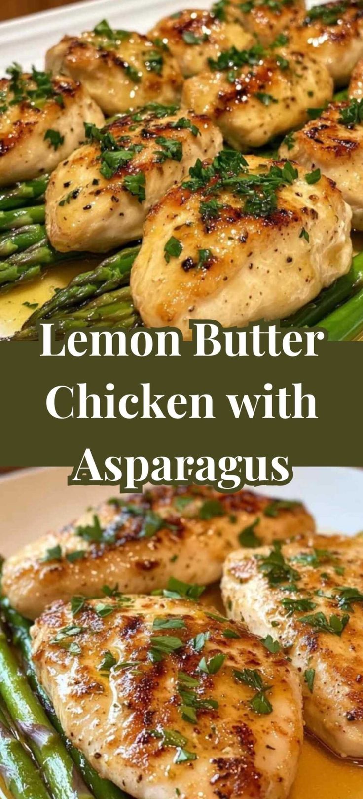 Lemon chicken breast, placed next to asparagus on a white plate, garnished with fresh herbs and lemon wedges, top view.