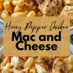 Pasta covered with creamy cheese sauce with chicken pieces, decorated with drops of honey and red pepper flakes, close-up on a white plate.