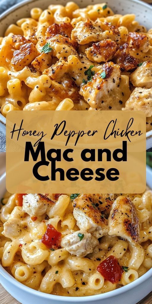 Pasta covered with creamy cheese sauce with chicken pieces, decorated with drops of honey and red pepper flakes, close-up on a white plate.