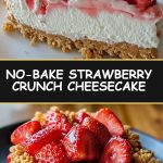 A piece of cheesecake with a creamy base and bright strawberry crunch crumble on top, served on a white plate with strawberries and mint.