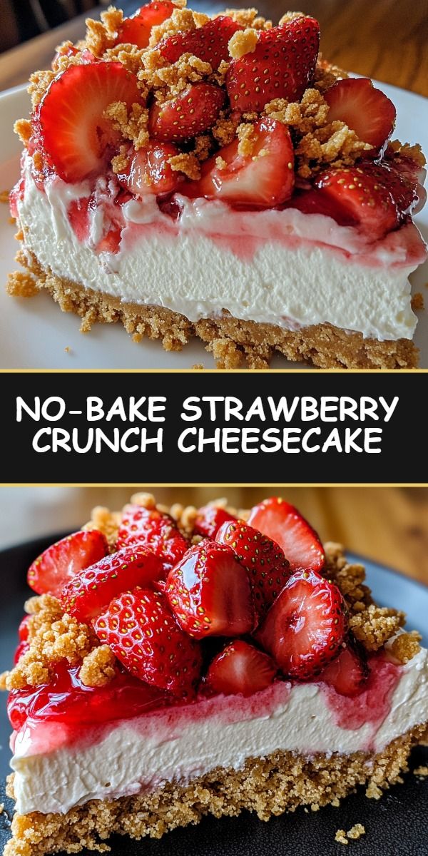 A piece of cheesecake with a creamy base and bright strawberry crunch crumble on top, served on a white plate with strawberries and mint.