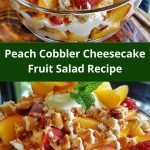 Layered fruit salad in a glass bowl with pieces of cheesecake and peach cobbler, decorated with berries and mint leaves, top view.