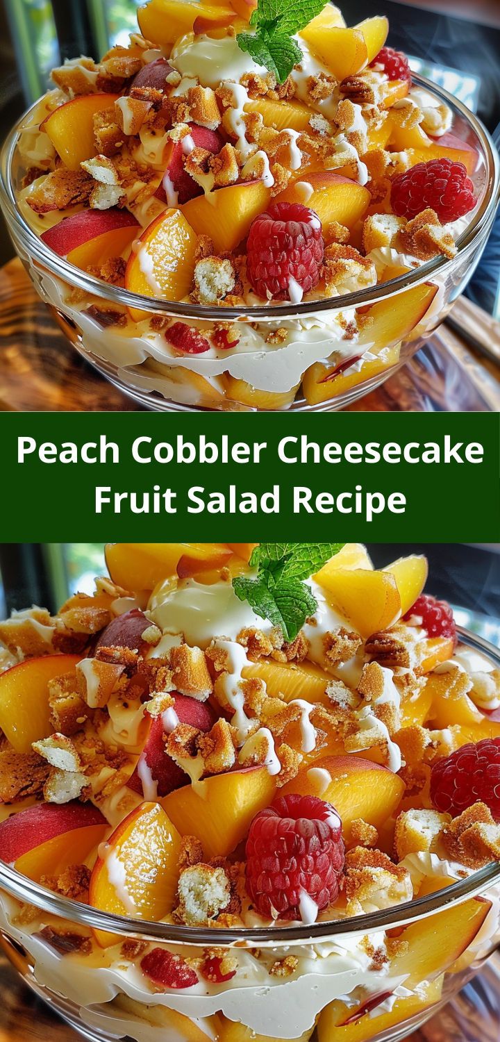 Layered fruit salad in a glass bowl with pieces of cheesecake and peach cobbler, decorated with berries and mint leaves, top view.