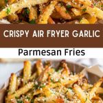 Crispy French fries sprinkled with grated Parmesan and crushed garlic, close-up on parchment paper, with a golden crust and herbs on top.