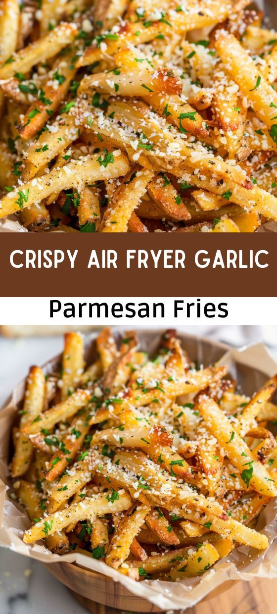 Crispy French fries sprinkled with grated Parmesan and crushed garlic, close-up on parchment paper, with a golden crust and herbs on top.