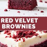 Red velvet brownie with cream glaze, cut into squares, lies on a marble surface, one piece slightly shifted forward, showing the moist texture.