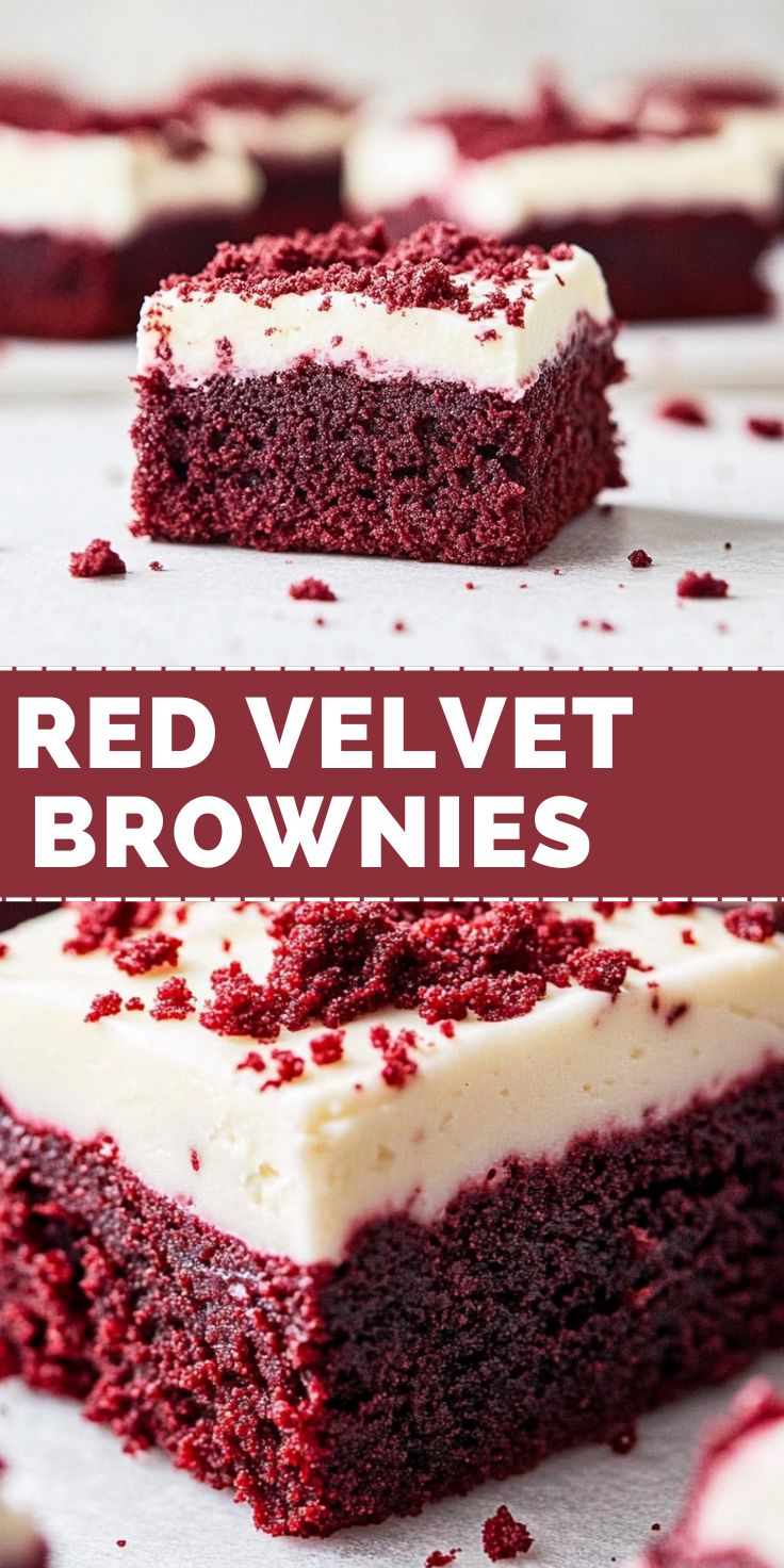 Red velvet brownie with cream glaze, cut into squares, lies on a marble surface, one piece slightly shifted forward, showing the moist texture.