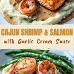 Appetizing salmon and shrimp Cajun style, poured with creamy garlic sauce, on a white plate with a side dish of rice and herbs.