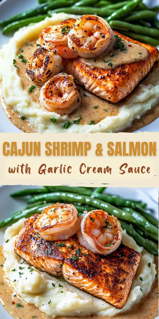Appetizing salmon and shrimp Cajun style, poured with creamy garlic sauce, on a white plate with a side dish of rice and herbs.
