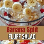 Banana split salad in a clear bowl, decorated with berries, bananas, cream and chocolate chips on a light background with sunlight.
