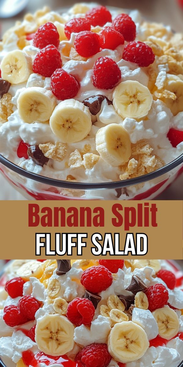 Banana split salad in a clear bowl, decorated with berries, bananas, cream and chocolate chips on a light background with sunlight.