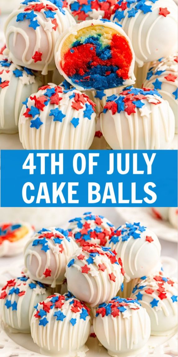 Brightly colored cake balls covered in red, white, and blue icing, arranged on a serving plate with festive patriotic decor.