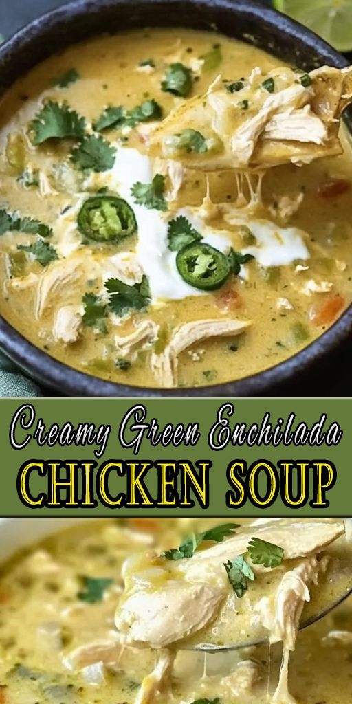 A deep plate with green cream of chicken soup and pieces of enchilada tortilla, decorated with herbs, lime and a drop of cream, stands on a wooden surface.