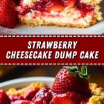 Strawberry cheesecake dump cake in a mold, with a ruddy crust and a melted creamy layer, decorated with fresh strawberries.