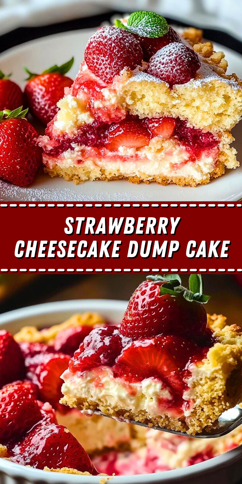 Strawberry cheesecake dump cake in a mold, with a ruddy crust and a melted creamy layer, decorated with fresh strawberries.