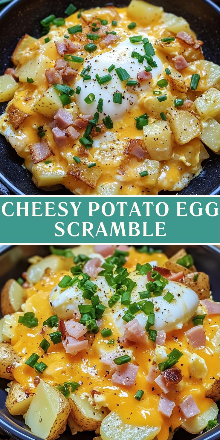 Potato and egg scramble with melted cheese, served on a white plate, decorated with herbs, toasted bread next to it.