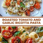 Pasta with roasted tomatoes and ricotta, garnished with herbs and garlic oil, on a white plate against a light background, close-up with an emphasis on the texture and creaminess of the dish.
