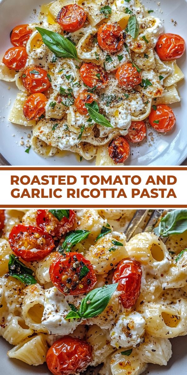 Pasta with roasted tomatoes and ricotta, garnished with herbs and garlic oil, on a white plate against a light background, close-up with an emphasis on the texture and creaminess of the dish.