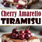 A portion of Cherry Amaretto Tiramisu in a transparent glass, with layers of cream, cherries and impregnated biscuit, decorated with berries and chocolate chips.