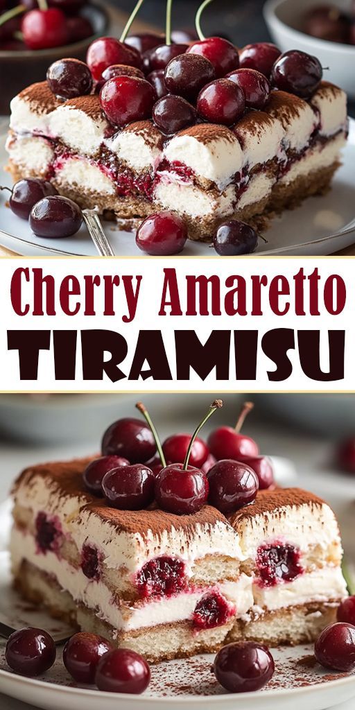 A portion of Cherry Amaretto Tiramisu in a transparent glass, with layers of cream, cherries and impregnated biscuit, decorated with berries and chocolate chips.