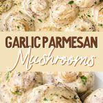 Mushrooms baked with garlic and parmesan, on a plate with herbs and a crispy cheese crust.