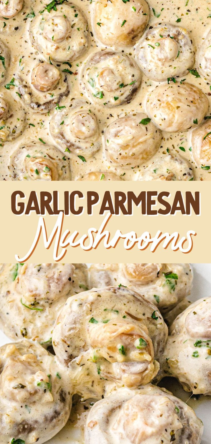 Mushrooms baked with garlic and parmesan, on a plate with herbs and a crispy cheese crust.