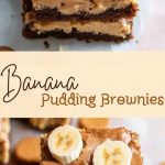 Dense chocolate brownies covered with delicate banana pudding are cut into squares and laid out on a white plate, the texture and contrast of the layers are visible.