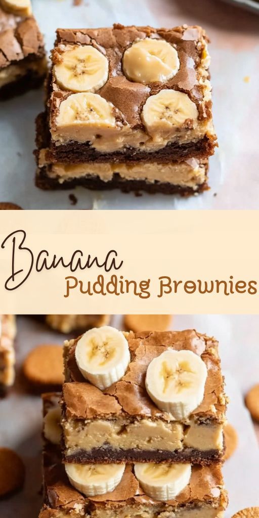 Dense chocolate brownies covered with delicate banana pudding are cut into squares and laid out on a white plate, the texture and contrast of the layers are visible.