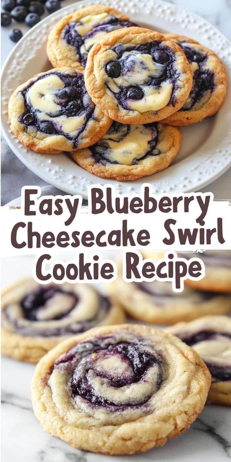 Blueberry cheesecake spiral cookies close-up, with bright swirls of lilac and cream, laid out on a plate.