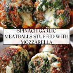 Golden spinach meatballs with melted mozzarella inside, laid out on a white plate, with a broken meatball close-up, demonstrating the stretchy cheese.