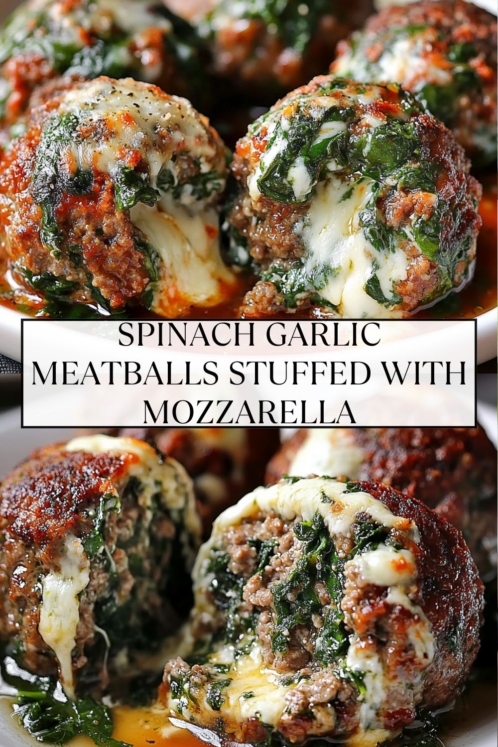 Golden spinach meatballs with melted mozzarella inside, laid out on a white plate, with a broken meatball close-up, demonstrating the stretchy cheese.