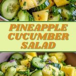 Summer pineapple and cucumber salad, diced and decorated with fresh herbs, lies on a white plate on a wooden table, illuminated by soft daylight.