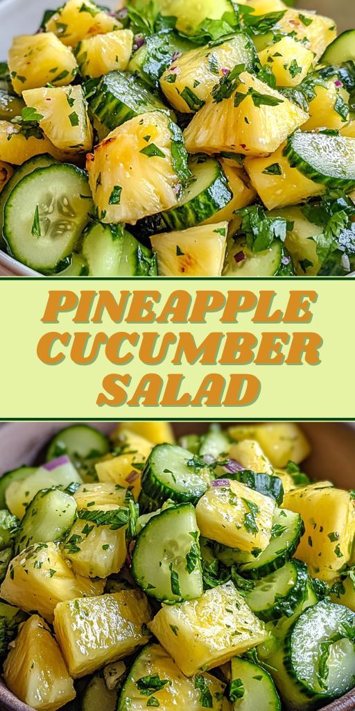 Summer pineapple and cucumber salad, diced and decorated with fresh herbs, lies on a white plate on a wooden table, illuminated by soft daylight.