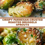 Baked Brussels sprouts covered in a crispy Parmesan cheese crust are laid out on a baking sheet, a close-up showing the golden texture and browned edges of the cabbage halves.