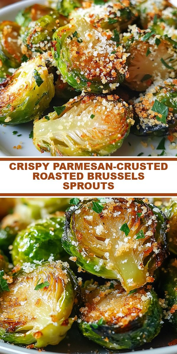 Baked Brussels sprouts covered in a crispy Parmesan cheese crust are laid out on a baking sheet, a close-up showing the golden texture and browned edges of the cabbage halves.