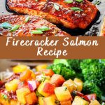 Baked salmon "Fireworks" with a caramelized crust, garnished with herbs and pieces of chili pepper on a white plate with a side of rice.