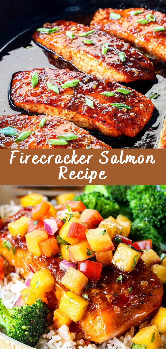 Baked salmon "Fireworks" with a caramelized crust, garnished with herbs and pieces of chili pepper on a white plate with a side of rice.