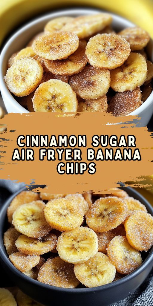 Crispy banana chips coated with sugar and cinnamon lie in a wooden bowl on the kitchen table next to cinnamon sticks and fresh bananas.