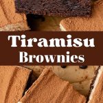 Cut squares of tiramisu brownie with a dark chocolate base, creamy layer and cocoa sprinkles on a marble surface.