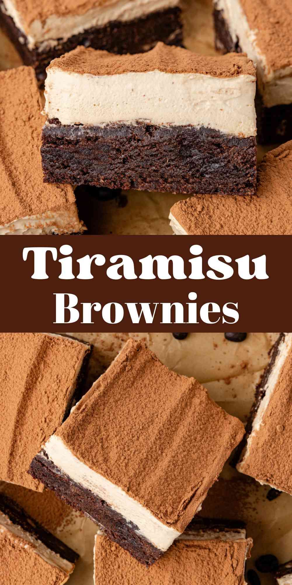 Cut squares of tiramisu brownie with a dark chocolate base, creamy layer and cocoa sprinkles on a marble surface.
