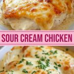 Pieces of chicken baked under melted cheese with sour cream sauce, with a crispy golden crust, in a ceramic dish on a wooden stand.