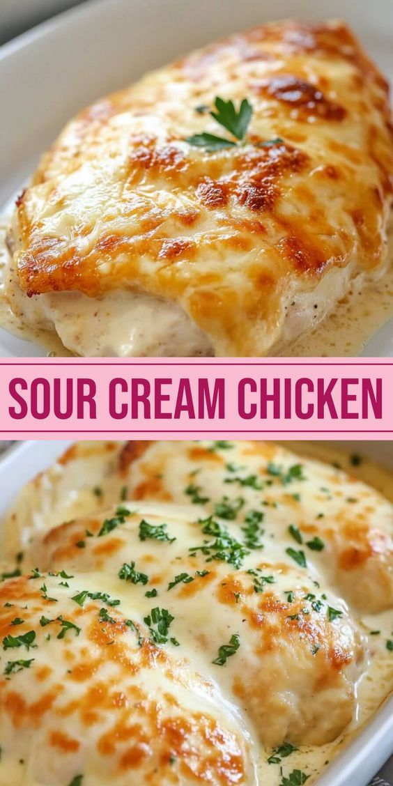 Pieces of chicken baked under melted cheese with sour cream sauce, with a crispy golden crust, in a ceramic dish on a wooden stand.