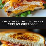 crisp toasts with melted Chedder, turkey layers and bacon, are served on a wooden board with greens and sauce against the background.