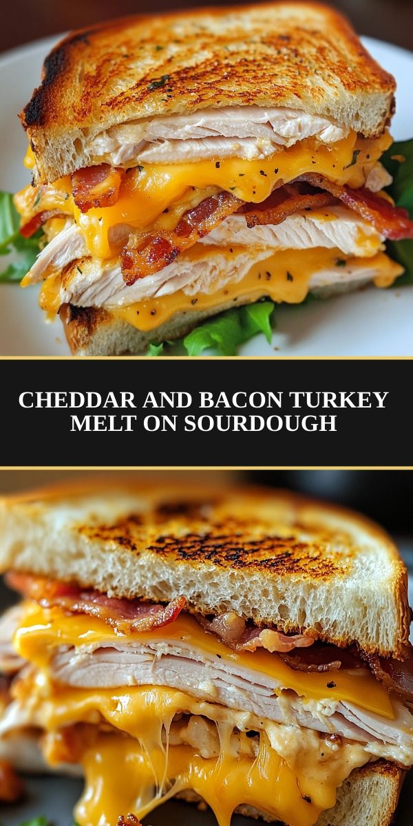 crisp toasts with melted Chedder, turkey layers and bacon, are served on a wooden board with greens and sauce against the background.