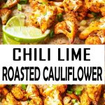 Roasted cauliflower with a golden crust, sprinkled with herbs and lime wedges on a ceramic plate.