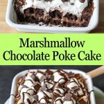 Sliced ​​poke cake with a moist chocolate crust, drips of melted marshmallow and glossy chocolate glaze, served on a white plate.