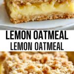 Lemon oatmeal bars with a crispy crumble, cut into squares, lie on parchment paper, garnished with zest and oatmeal.